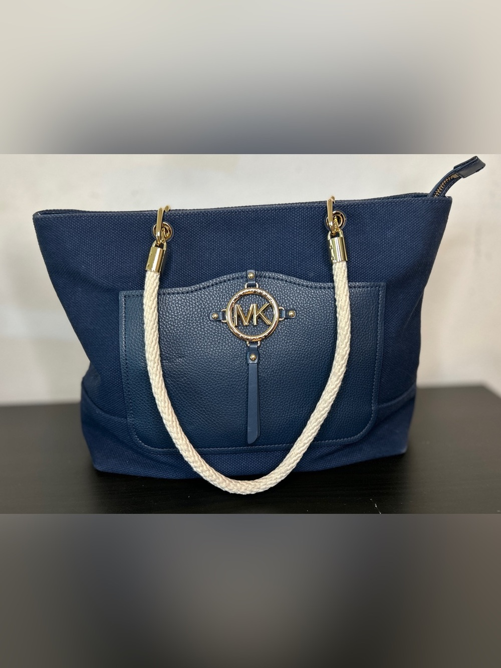 Michael Kors Navy and Cream Rope-Handle Tote with Gold MK Logo